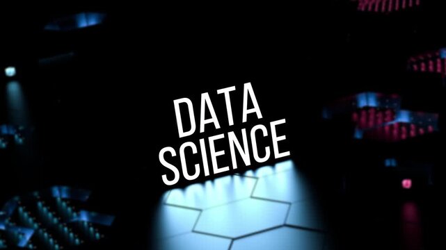 DATA SCIENCE text,glowing neon word on digital background in blur. Data science, scientific concept,animation.3D render