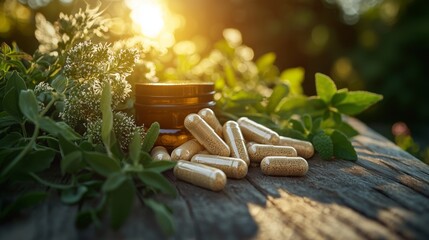 Herbal Supplements on Wooden Table with Green Foliage.