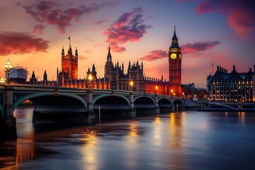 Obraz premium Iconic bridge with a city skyline at sunset.