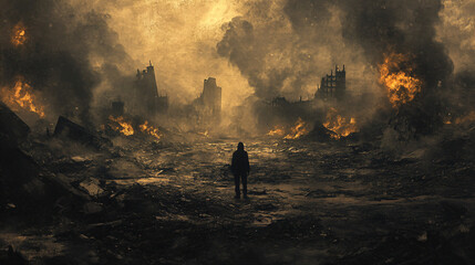 Silhouette of a Man in a Burning City.