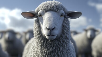 A close-up of a sheep's face looking directly at the camera. The sheep is white with a fluffy coat and has brown ears. The background is a blurry image of a flock of sheep and a blue sky.