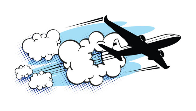 Airplane flies through cloud. Pop art retro vector in comic book style on transparent background.  