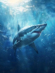 Fototapeta premium A shark swimming underwater, with rays of sunlight shining through the water surface. Shark in the deep blue ocean