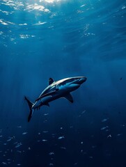 Fototapeta premium A shark swimming underwater, with rays of sunlight shining through the water surface. Shark in the deep blue ocean