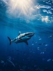 Fototapeta premium A shark swimming underwater, with rays of sunlight shining through the water surface. Shark in the deep blue ocean