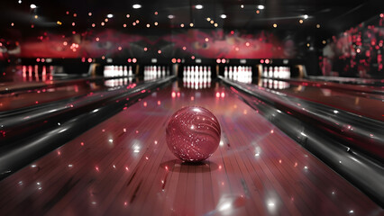 Pink bowling ball with sparkly surface in bowling alley with blurry lights at night. Retro vibes. 