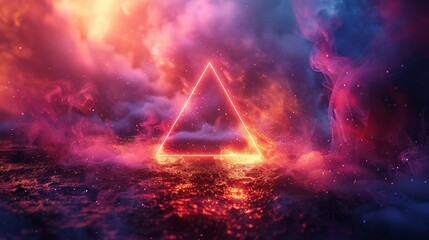 A glowing neon triangle stands out against a dark, cosmic background.