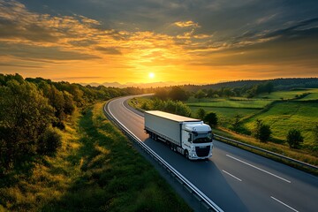 A logistics lorry carrying cargo driving on a road with beautiful scenery.