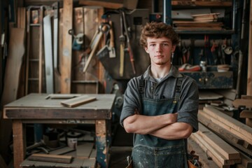 Portrait of a young male carpenter in workshop