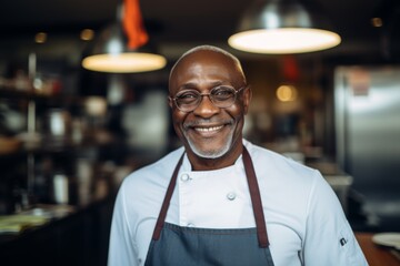 Fototapeta premium Smiling portrait of a senior chef working in kitchen