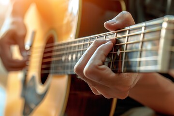 Obraz premium close-up of a hand playing an acoustic guitar. Concept of relaxation, passion, and sound, Generative AI.