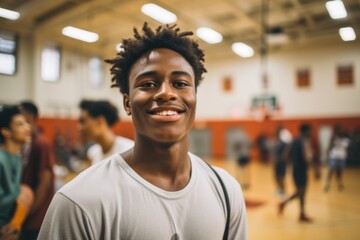 Fototapeta premium Portrait of a smiling male African American teenager in basketball gym