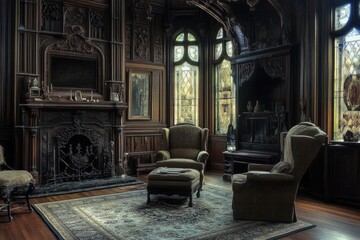 Victorian House Inside. Gothic Style Luxury Mansion Interior with Dark Room and Chair
