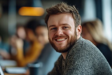 Fototapeta premium Retail worker with Down syndrome smiling during a staff meeting, Generative AI
