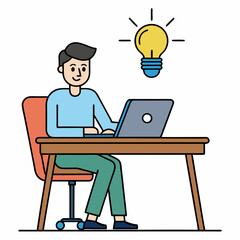 a man sits on chair at front of desk using laptop vector illustration