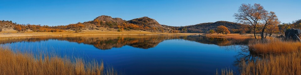 Oklahoma Lake. Panoramic Landscape of Lost Lake in the Autumn Morning at Wichita Mountains Wildlife Refuge