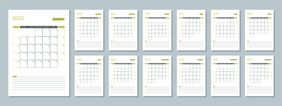 2025 calendar template. Monthly planner diary. The week starts on Sunday. Set of 12 months pages.