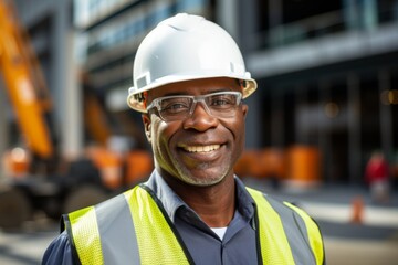 Fototapeta premium Smiling portrait of a middle aged African American male engineer on construction site