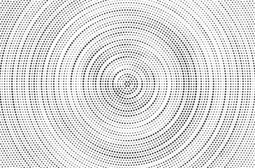 Radial halftone gradient background. Dotted concentric texture with fading effect. Black and white circle shade wallpaper. Grunge rough vector. Monochrome backdrop