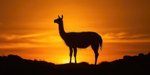 Llama Silhouette in Wild Nature at Sunset. Animal Mammal Wildlife in Desert