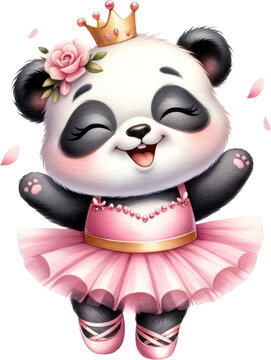 recommend clip art: A panda wearing a pink tutu is dancing and smiling. The panda is wearing a crown and has a rose on its head