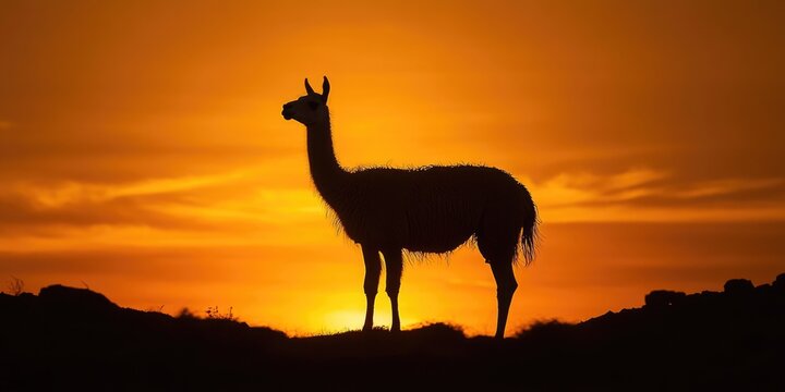 Llama Silhouette in Wild Nature at Sunset. Animal Mammal Wildlife in Desert - Powered by Adobe