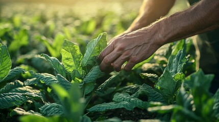 Close up of tobacco farmer's hands cutting tobacco leaves on farm in Vinales, Cuba