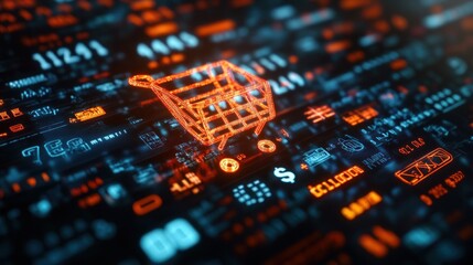 Illuminating the Future: A Neon Shopping Cart Amidst a High-Tech Marketplace Interface