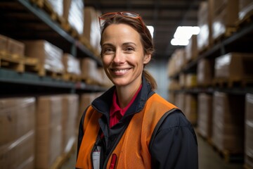 Portrait of a smiling middle aged female warehouse worker