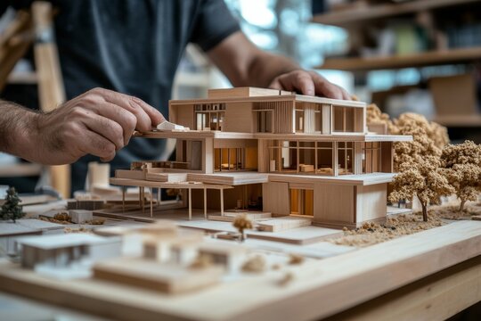 Architect hands making model house, Generative AI