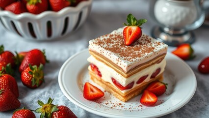 Tiramisu, a perfect Italian dessert, on a table decorated with strawberries.
