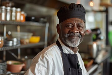 Smiling portrait of a senior chef working in kitchen