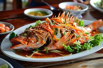 delicious fish fried, coral fish dish streed food, Generative AI.