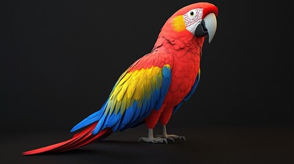 Obraz premium A scarlet macaw with blue and yellow feathers stands on a black background.