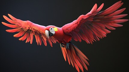 Obraz premium A Scarlet Macaw with vibrant red and yellow feathers flies in mid-air with its wings spread wide against a black background.