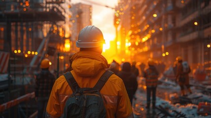 Fototapeta premium A construction worker walks towards the sunset on a busy city street.