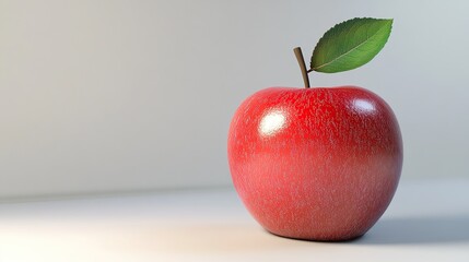 A single red apple with a green leaf on a white background.