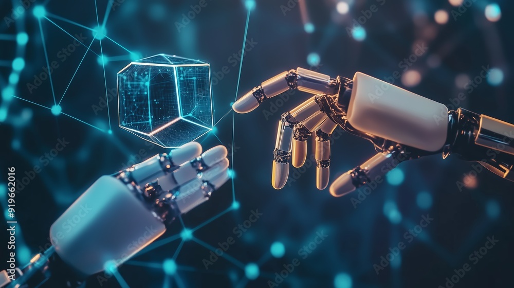 Aufkleber robotic hands touching a glowing cube in a futuristic digital environment