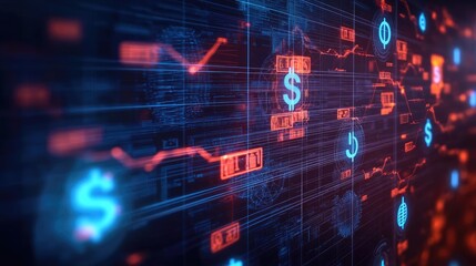 Futuristic digital interface featuring financial symbols, graphs, and glowing elements for business and technology themes.