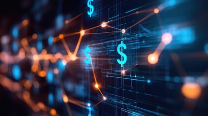 Abstract digital background showcasing financial data connectivity with dollar symbols and glowing lines representing transactions.
