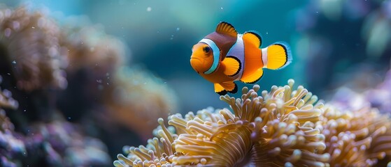 Obraz premium Adorable clownfish swimming, isolated on blue background, highresolution underwater photography, vibrant colors, detailed closeup, natural light
