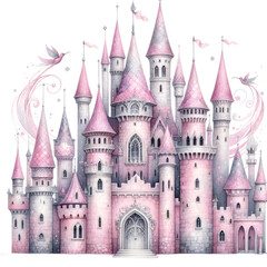 Fototapeta premium A castle with pink and white towers and a pink bird flying in the background