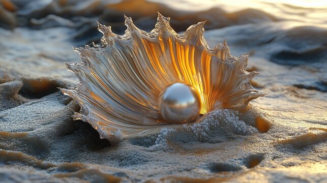 A single, perfect pearl rests inside a golden, ornate seashell on a sandy beach.