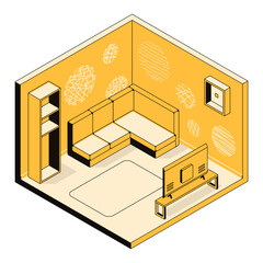 3d interior design, living room, furniture arrangement concept. Indoor environment of flat, home, house space. Apartment template for real estate, hotel, building. Vector linear isometric illustration