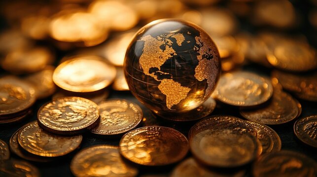 Gold globe on a pile of coins symbolizes wealth and finance. It encapsulates currency and investment in the global economy.