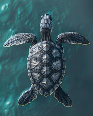 Cute baby sea turtle, isolated on turquoise background, highdefinition aquatic illustration, detailed shell, swimming pose, front view, studio lighting