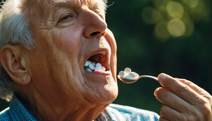 An elderly man eats pills from spoon, concept of excess and overdose treatment, close-up
