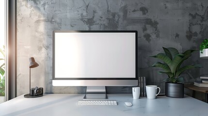 Fototapeta premium gray wall, contemporary white desk, and computer monitor with copy area and blank screen for product display, Generative AI.