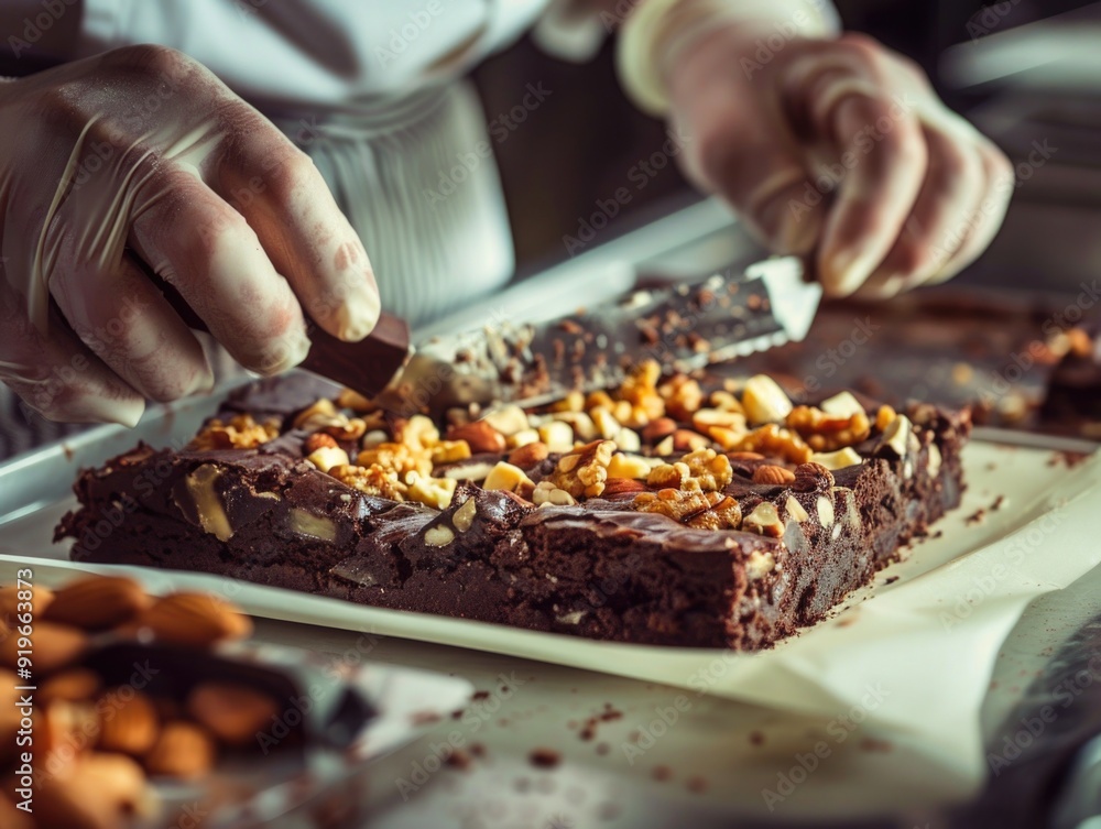 Aufkleber a close up view of a chocolate brownie with crushed nuts on top being prepared by chef hands in the 