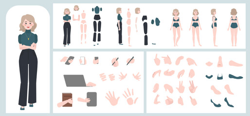 Business woman avatar creation suitable for animation. Generator, constructor of diverse views of face, body, hands and leg parts. Female character construction for comfortable fast motion design.
